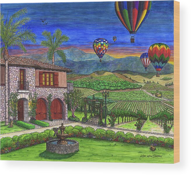 Vineyard Balloons Wood Print featuring the painting Vineyard Balloons by Kathy Kehoe Bambeck