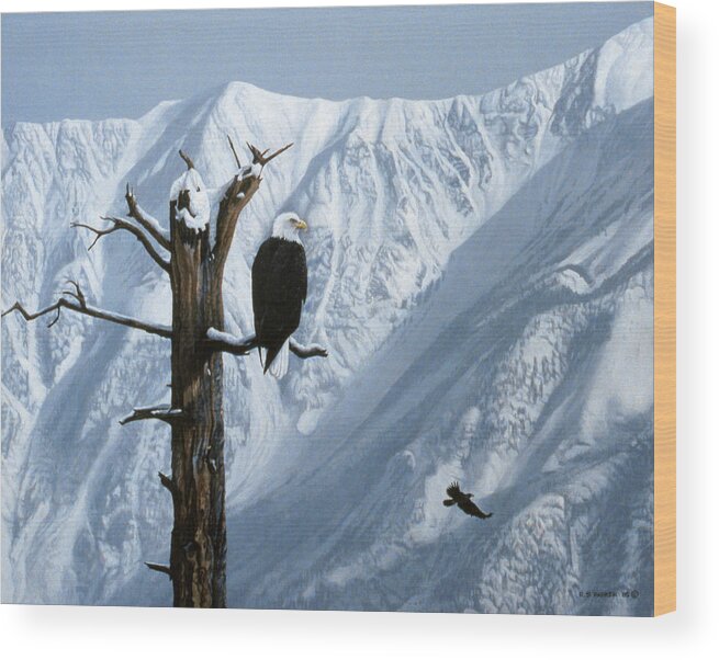 A Bald Eagle Perched On A Dead Tree Wood Print featuring the painting Winter Perch by Ron Parker