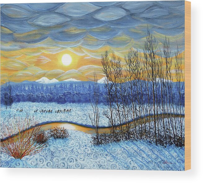 Pacific Northwest Wood Print featuring the painting Winter River in Sunset by Laura Iverson