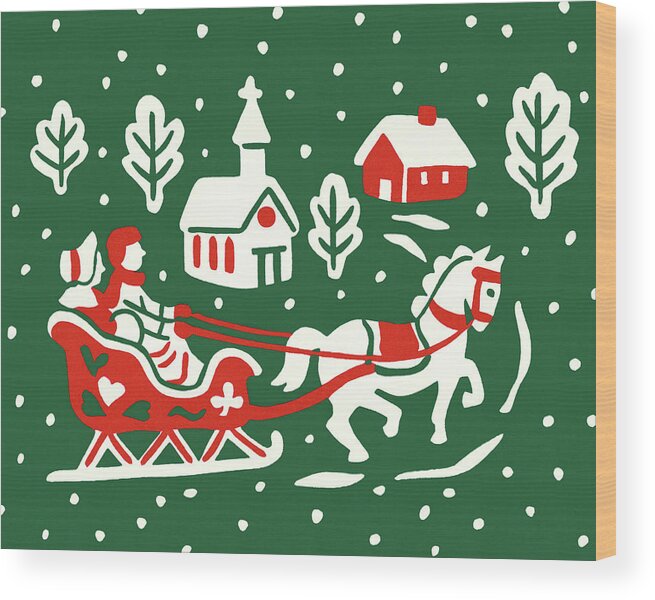Animal Wood Print featuring the drawing Winter Scene With Horse-Drawn Sleigh by CSA Images