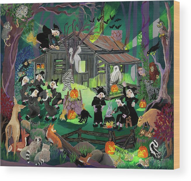 Witches In The Woods Wood Print featuring the painting Witches In The Woods by Carol Salas