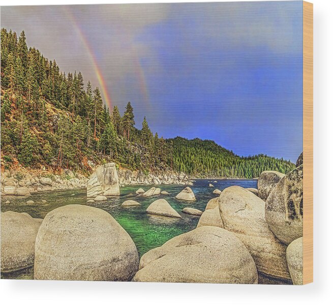 Rainbow Wood Print featuring the photograph Boulder Bay Rainbows, Lake Tahoe, Nevada #1 by Don Schimmel