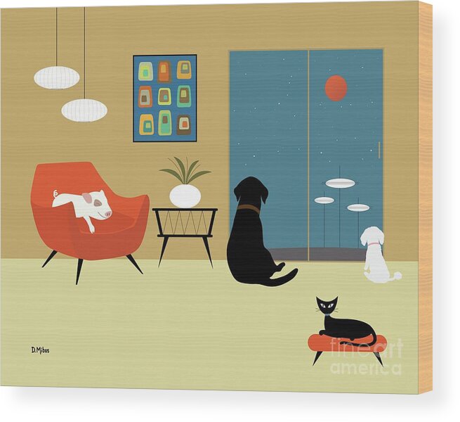 Cat Wood Print featuring the digital art Mid Century Modern Pig by Donna Mibus