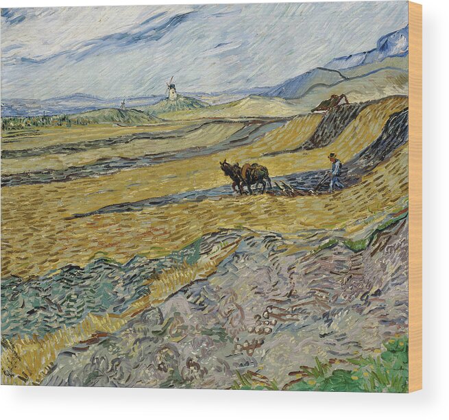 European Wood Print featuring the painting Enclosed Field with Ploughman #12 by Vincent van Gogh