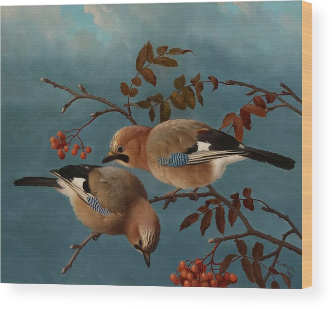 Birds Wood Print featuring the painting Jays by Ferdinand von Wright by Mango Art