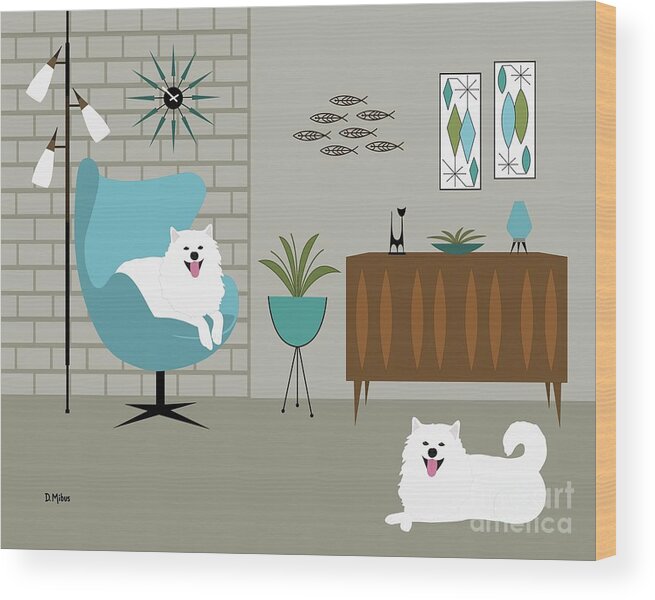 Mid Century Modern Wood Print featuring the digital art Mid Century Modern White Dogs by Donna Mibus