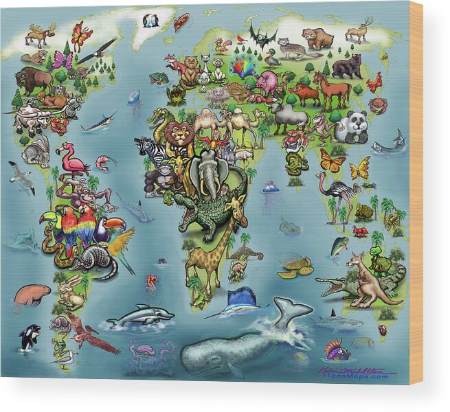 Animal Wood Print featuring the digital art Animals World Map #3 by Kevin Middleton