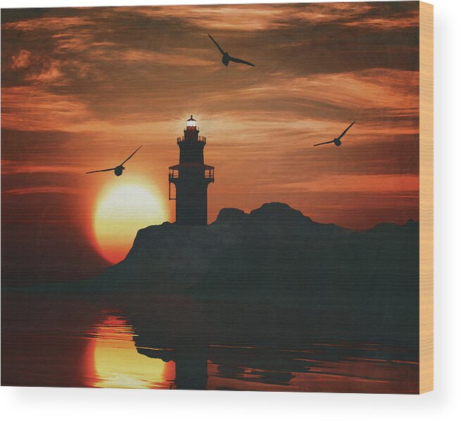 Sky Wood Print featuring the painting Lighthouse with a sunset #5 by Jan Keteleer