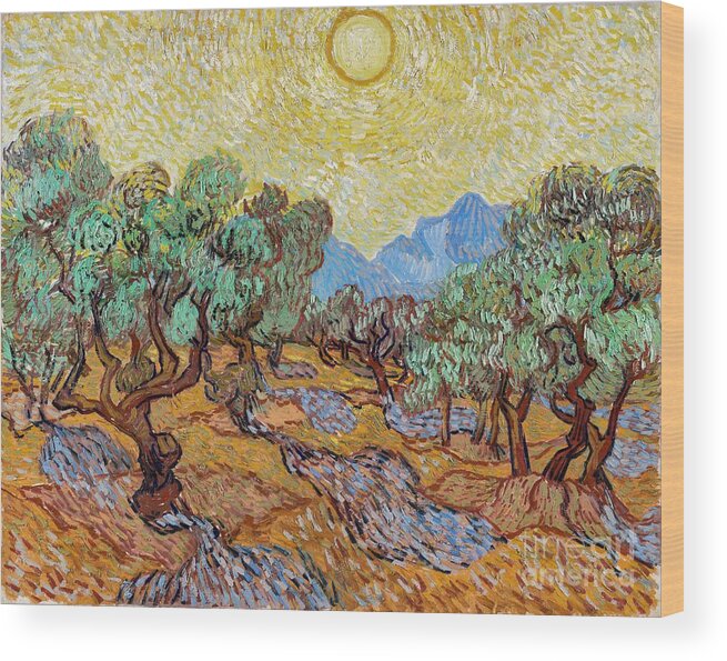 European Wood Print featuring the painting Olive Trees with yellow sky and sun #7 by Vincent van Gogh