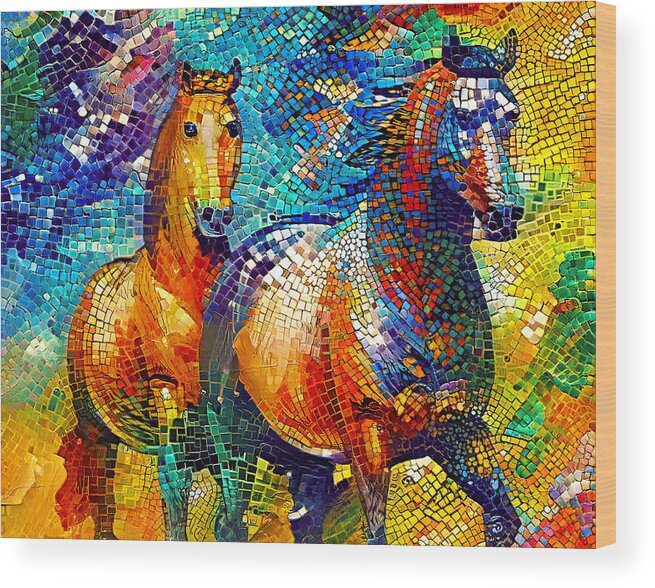 Horse Walking Wood Print featuring the digital art A couple of horses walking - colorful mosaic by Nicko Prints
