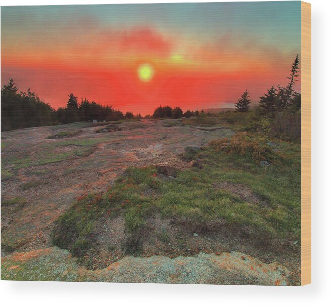 Sunset Wood Print featuring the photograph A Foggy Sunset On Cadillac Mountain by Stephen Vecchiotti
