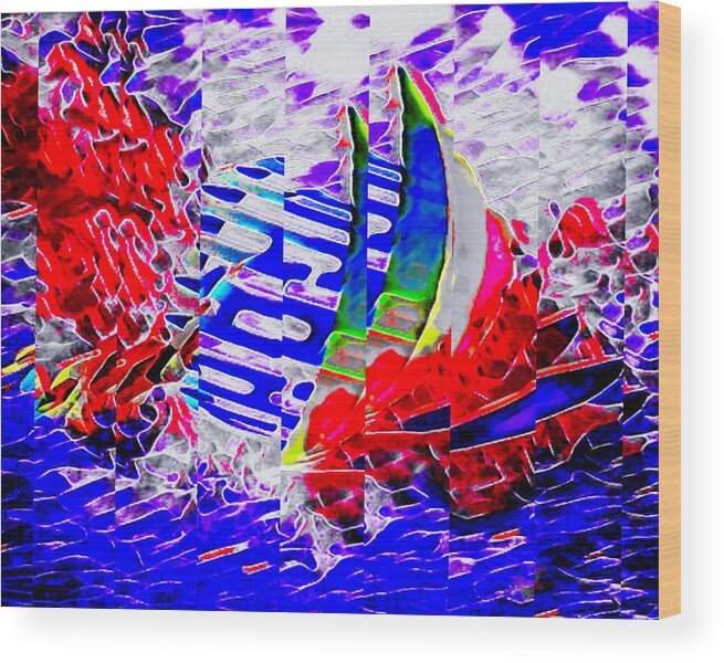 Abstract Wood Print featuring the digital art Abstract ocean squall sailing boat by Silver Pixie