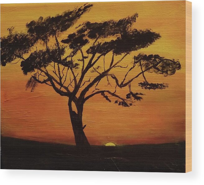 Acacia Tree At Sunset On The African Savannah Wood Print featuring the painting Acacia Tree by Pour Your heART Out Artworks