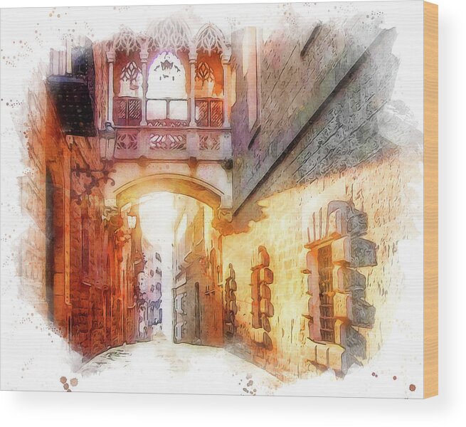 Barcelona Wood Print featuring the painting Barcelona, Gothic Quarter - 01 by AM FineArtPrints