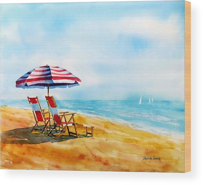 Beach Umbrella Wood Print featuring the painting Beach Umbrella and Chairs by Debbie Lewis