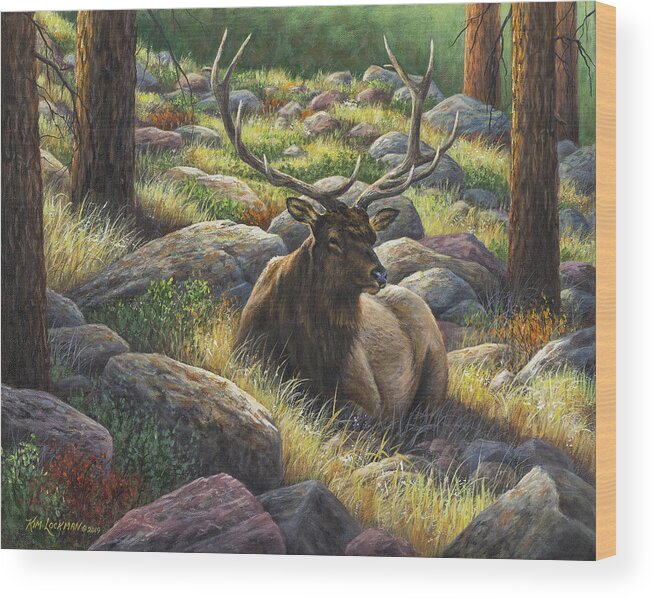 Elk Wood Print featuring the painting Bedding Down by Kim Lockman