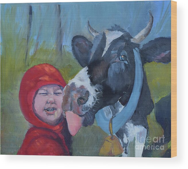 The Adventures Of Bessie And Bo Wood Print featuring the painting Bessie loves Bo - Cow Licks Boy by Jan Dappen