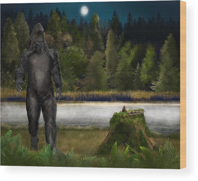 Bigfoot Gifting Wood Print featuring the painting Bigfoot Gifting by Mark Taylor
