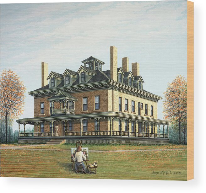 Architectural Landscape Wood Print featuring the painting Bingham Waggoner Estate, The Mansion by George Lightfoot