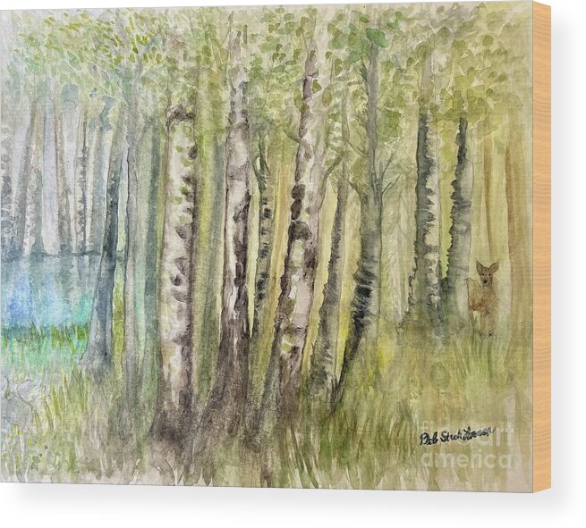 Birch Trees Wood Print featuring the painting Birch Forest Visitor by Deb Stroh-Larson