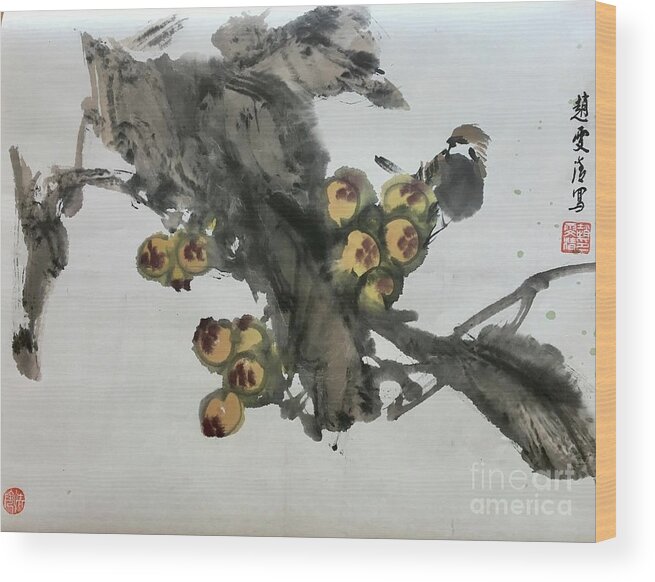Bird Wood Print featuring the painting Bird and Loquat by Carmen Lam