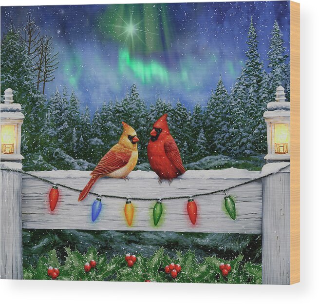 Bird Wood Print featuring the painting Bird Painting - Christmas Cardinals by Crista Forest