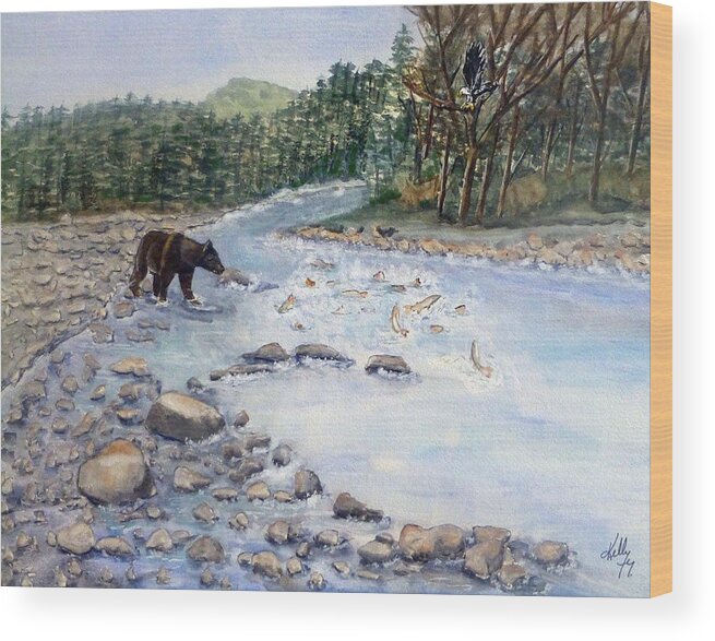 Black Bear Wood Print featuring the painting Black Bear and Salmon by Kelly Mills