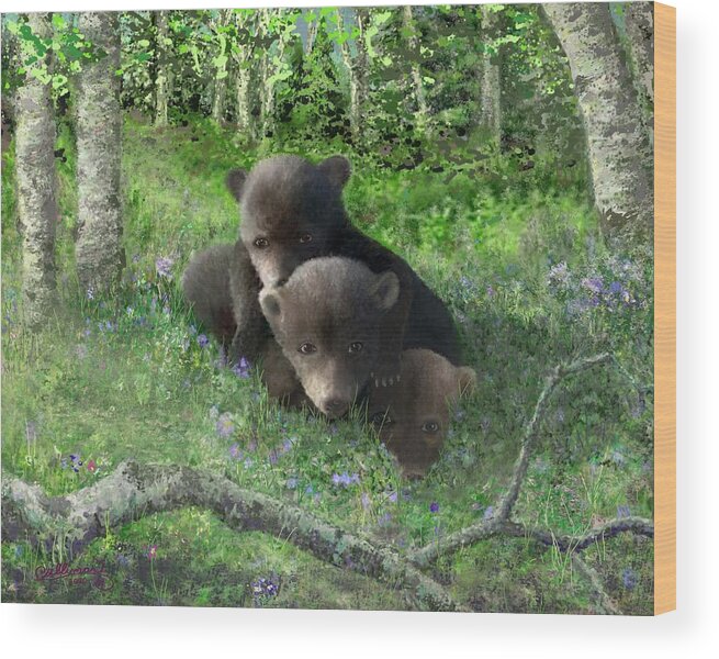 Black Bears Wood Print featuring the digital art Black Bear Cubs at Play by Marilyn Cullingford