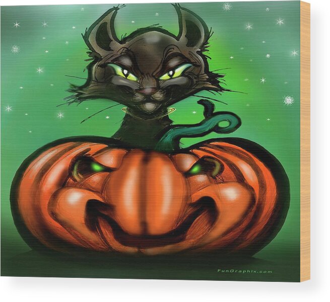 Halloween Wood Print featuring the digital art Black Cat n Pumpkin by Kevin Middleton