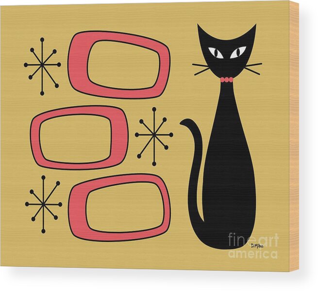 Mid Century Cat Wood Print featuring the digital art Black Cat with Mod Oblongs Yellow by Donna Mibus