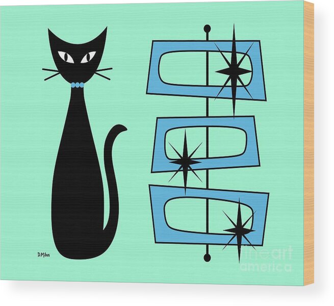 Mid Century Cat Wood Print featuring the digital art Black Cat with Mod Rectangles Aqua by Donna Mibus