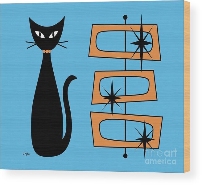 Mid Century Cat Wood Print featuring the digital art Black Cat with Mod Rectangles Blue by Donna Mibus