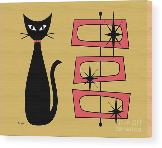 Mid Century Cat Wood Print featuring the digital art Black Cat with Mod Rectangles Yellow by Donna Mibus