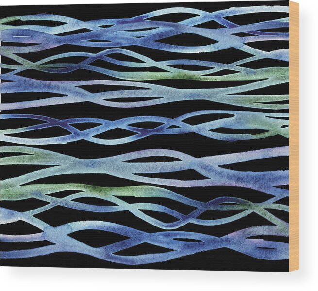 Organic Wood Print featuring the painting Blue Green Purple Abstract Organic Lines Ocean Waves Watercolor On Black by Irina Sztukowski