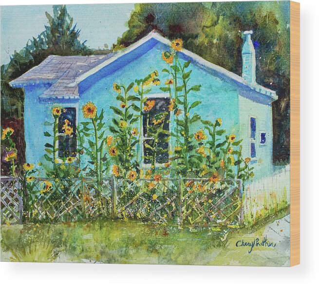 Landscape Wood Print featuring the painting Blue House by Cheryl Prather