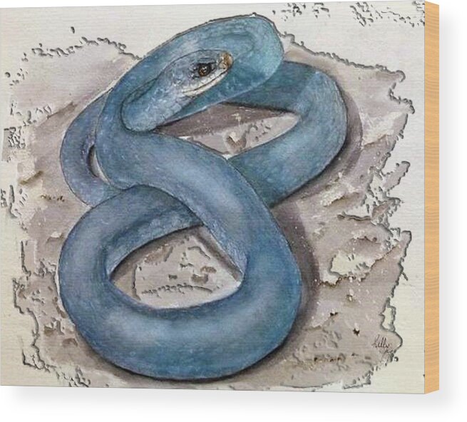 Blue Racer Snake Wood Print featuring the painting Blue Racer Snake by Kelly Mills