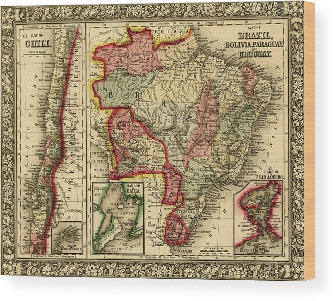 South America Wood Print featuring the drawing Brazil, Bolivia, Paraguay, Uruguay, Chili 1870 by Vintage Maps