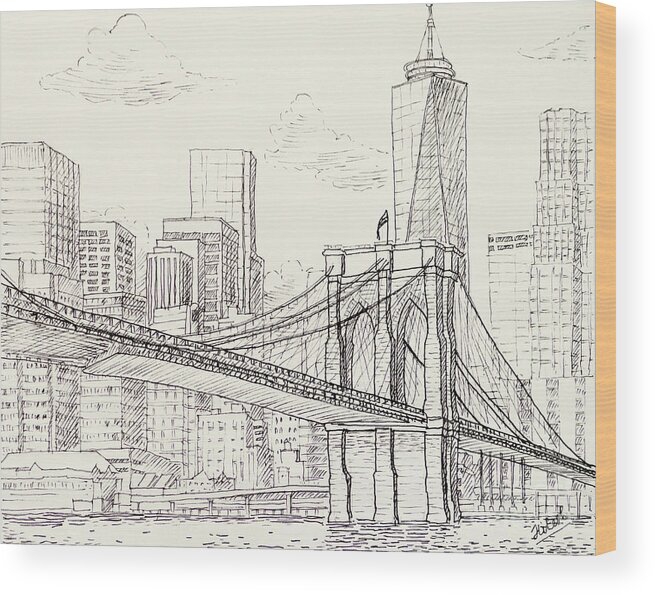 Ny Wood Print featuring the drawing Brooklyn Bridge by Tesh Parekh