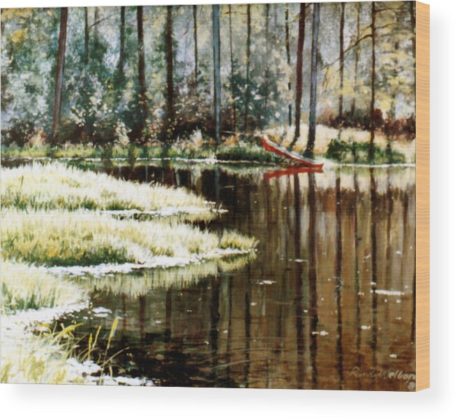 Canoe Wood Print featuring the painting Canoe on Pond by Randy Welborn