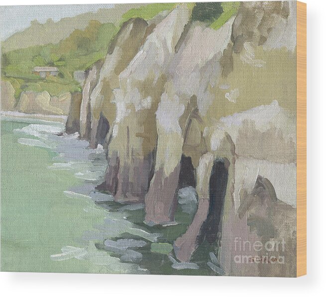 Sea Caves Wood Print featuring the painting Caves in La Jolla Bay - San Diego, California by Paul Strahm