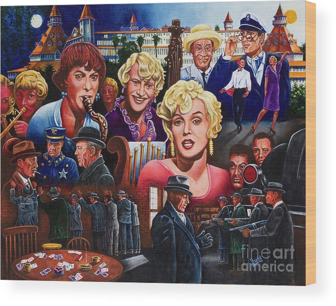 Classic Movie Wood Print featuring the painting Characters of Some Like it Hot by Michael Frank