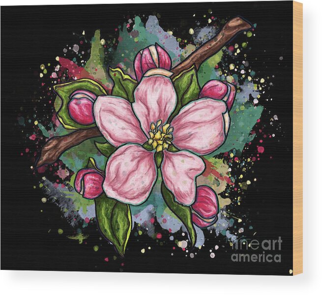 Flower Wood Print featuring the painting Cherry blossom painting on black background, pink flower art by Nadia CHEVREL