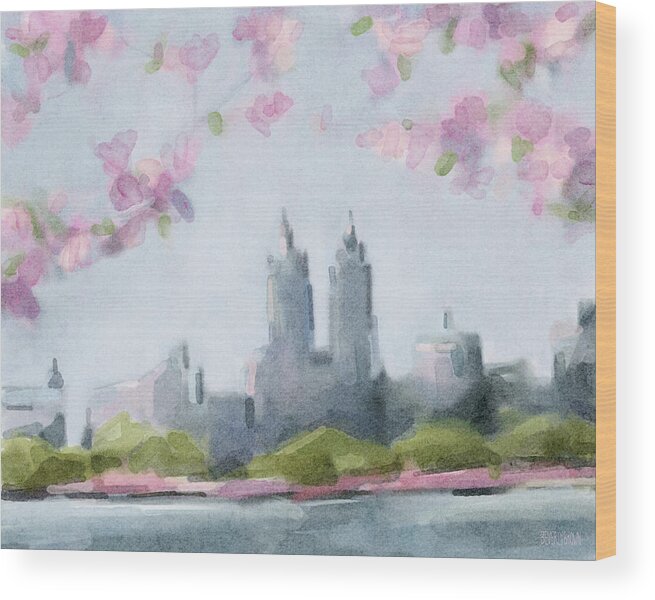 Central Park Wood Print featuring the painting Cherry Blossoms Central Park Reservoir NYC by Beverly Brown