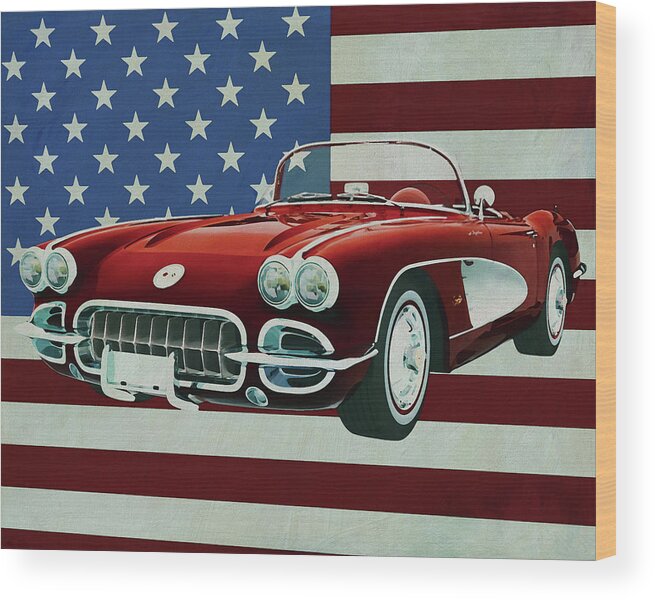 Chevrolet Wood Print featuring the painting Chevrolet Corvette C1 from 1960 in front of the American flag by Jan Keteleer
