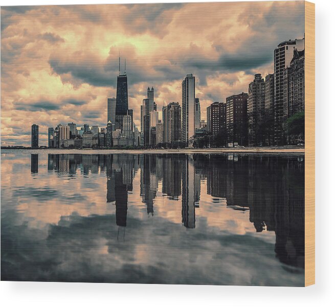 Chicago Sunset Wood Print featuring the photograph Chicago Gold Coast Skyline Sunset by Gigi Ebert