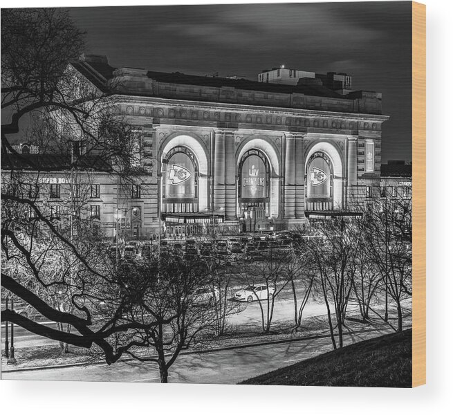 Kansas City Chiefs Wood Print featuring the photograph Chiefs Banners on Union Station - Kansas City Monochrome by Gregory Ballos