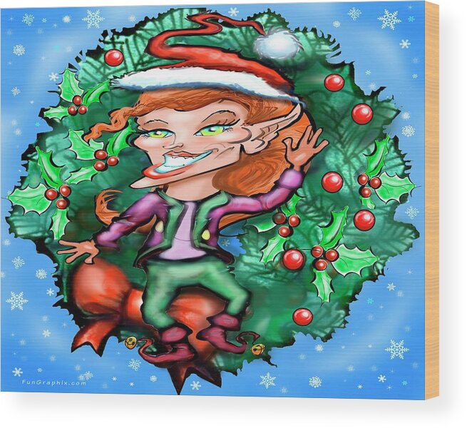 Christmas Wood Print featuring the digital art Christmas Elf with Wreath by Kevin Middleton