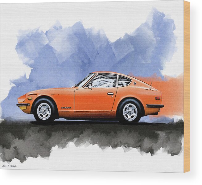 Datsun Wood Print featuring the mixed media Classic Datsun 240Z - Orange by Mark Tisdale