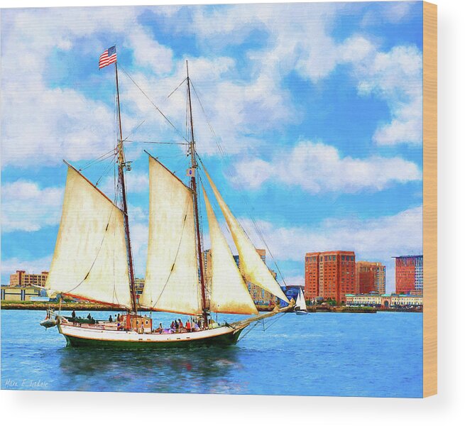 Boston Harbor Wood Print featuring the mixed media Classic Tall Ship In Boston Harbor by Mark E Tisdale