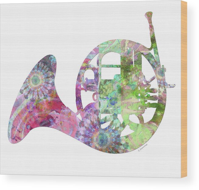Colorful Wood Print featuring the painting Colorful French Horn Fresh Color Art by Sharon Cummings